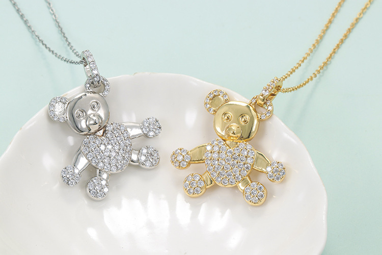 Korean New Diamond-encrusted Heart Bear Pendant Copper Necklace