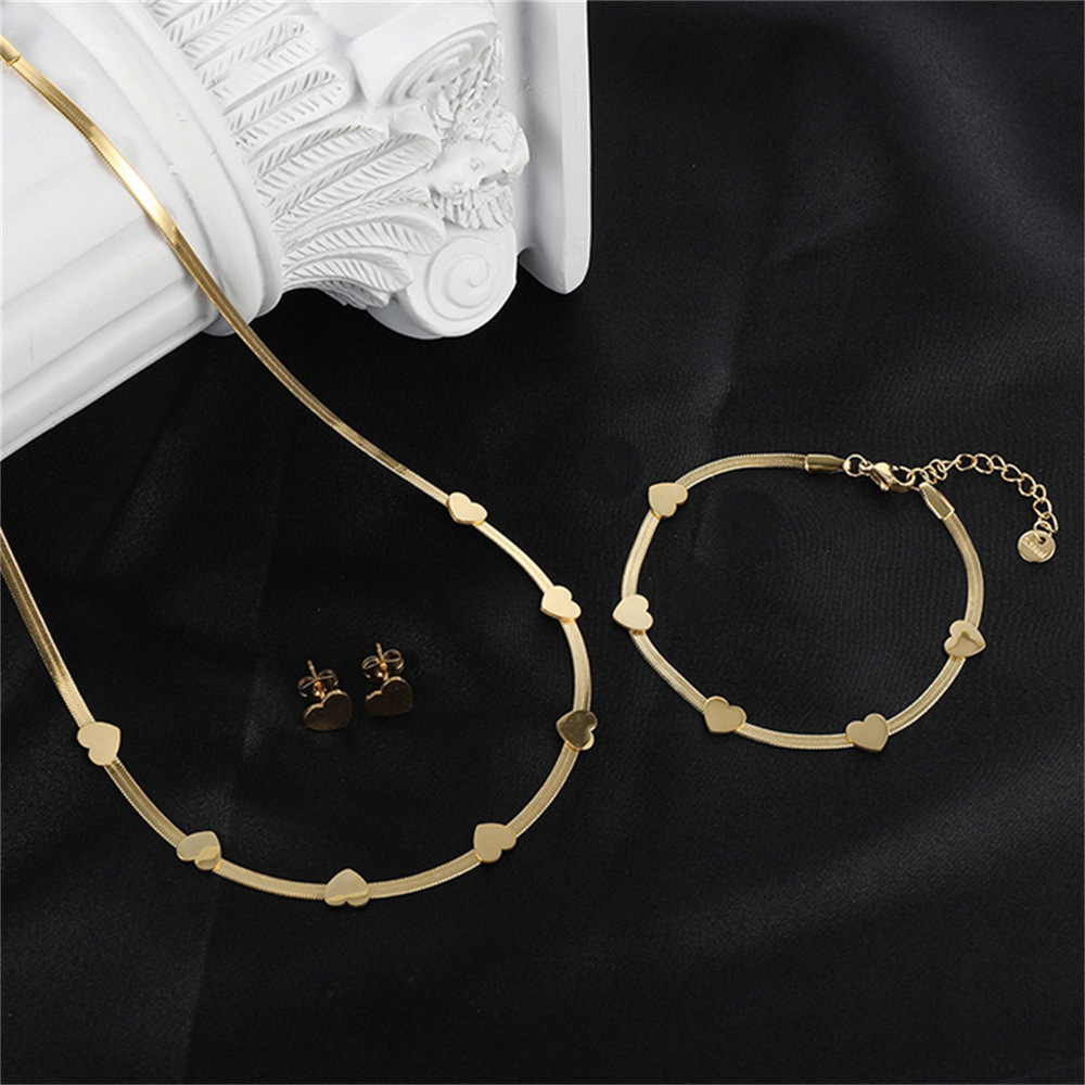 Fashionable Stainless Steel Gold Plated 18K Women's Necklace Bracelet Earring Set Three-Piece Jewelry Accessories Geometric Pattern