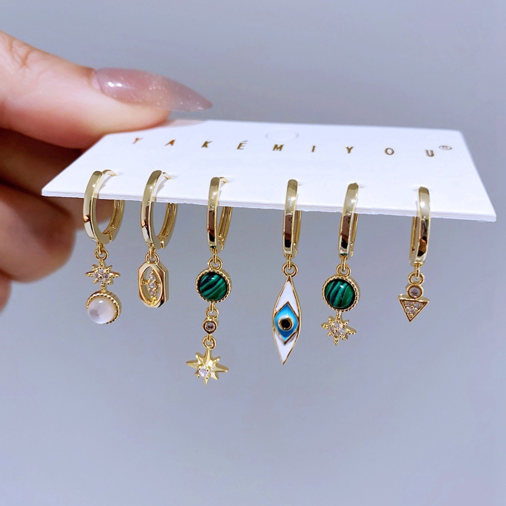 Turquoise Star Ear Clip Set Rose Gold Plated Copper Earrings Grid Women's Jewelry Accessories Six-Piece Set