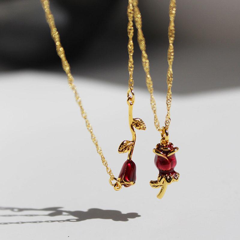 Wholesale Jewelry IG Style Romantic Sweet Rose Brass 24K Gold Plated Enamel Three-dimensional Necklace