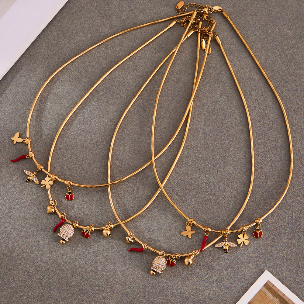 Stainless Steel DIY Bell Bee Zircon Small Pepper Heart Multi-Accessories Necklace 18K Gold Plated Fashion Versatile Luxury Jewelry Set