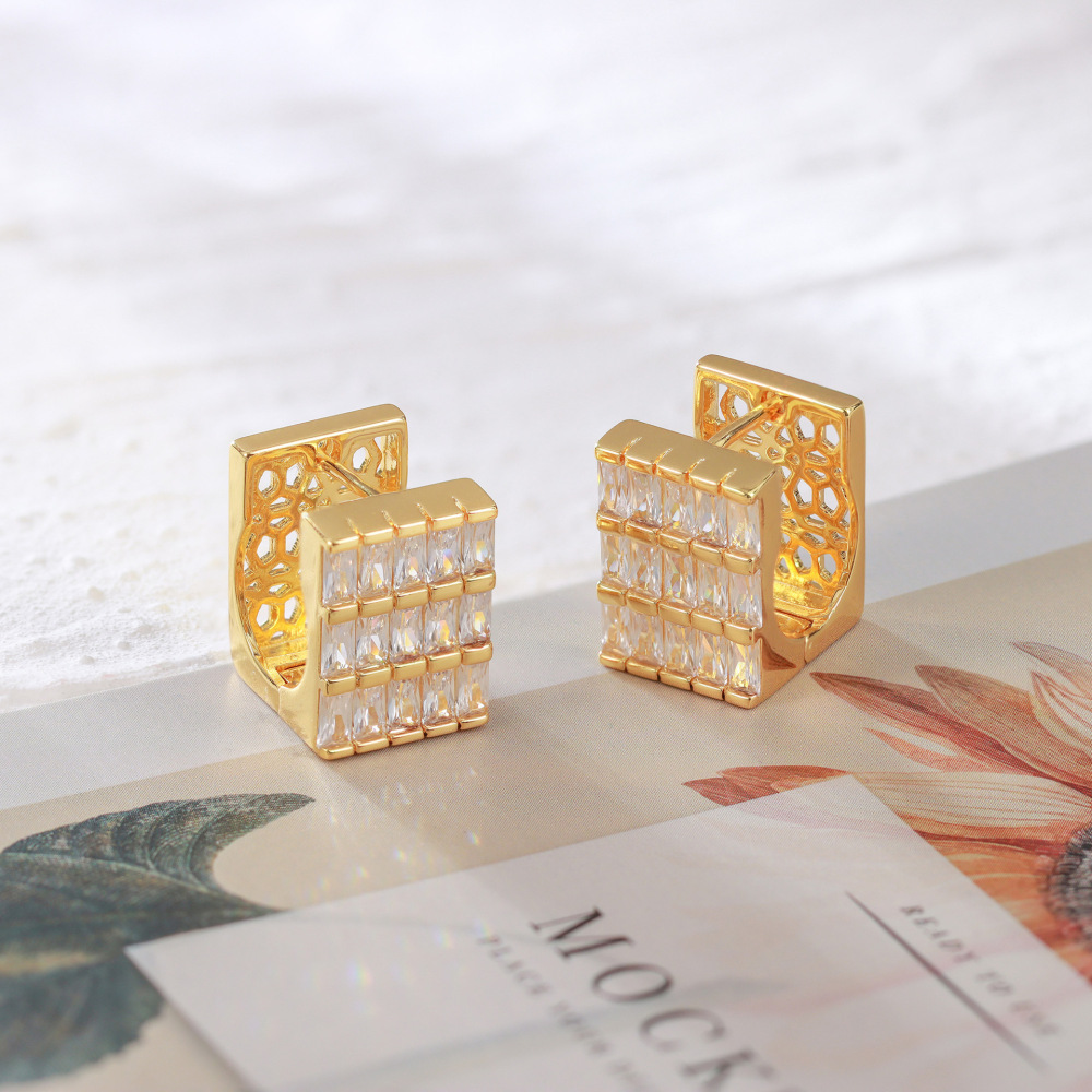 Elegant Geometric Pattern Zircon Earrings Colorful Square Heavy Work Gold Plated Luxury Women's Fashion Jewelry Accessories