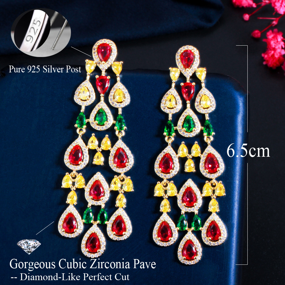 1 Pair Copper Style Earrings S925 Silver Needle Micro Inlaid Cubic Zirconia Stone Earrings Colorful Long Tassel Earrings  Fashion Show Banquet Dress Accessories Suitable For Women To Wear On Dates Or Banquets