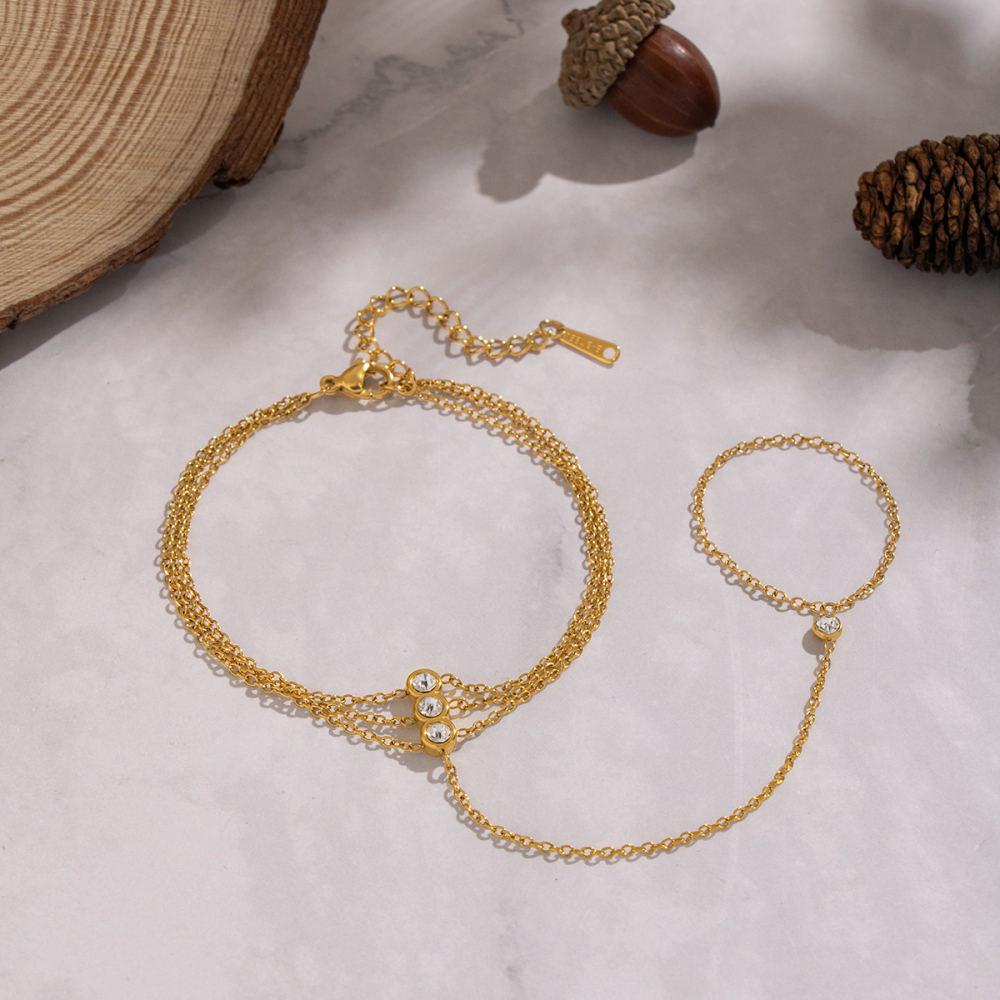 Minimalist Chain Inlaid Zircon Finger Chain Bracelet High-Grade 304 Stainless Steel Jewelry Accessories Non-Fading Women's Geometric Handmade Chain Plated With 18K Real Gold Vacuum Electroplating (Fired In Furnace)