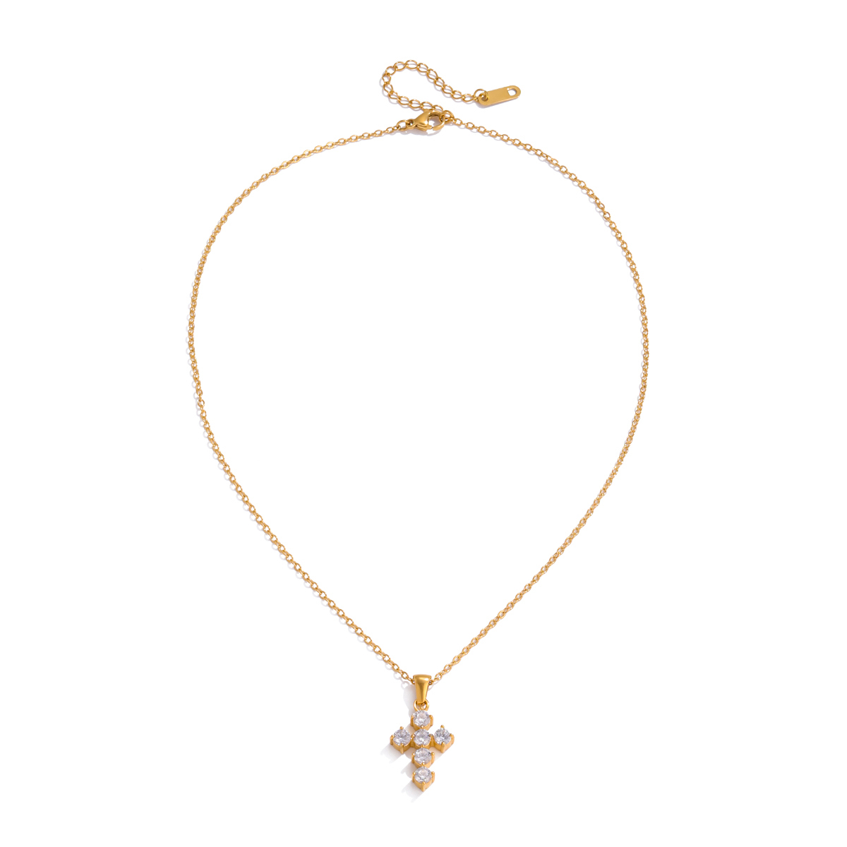 Ladies Classic Style 18K Gold Stainless Steel Zirconia Cross Pendant Necklace 40+5cm Round White Zirconia Clasps Chain Jewelry