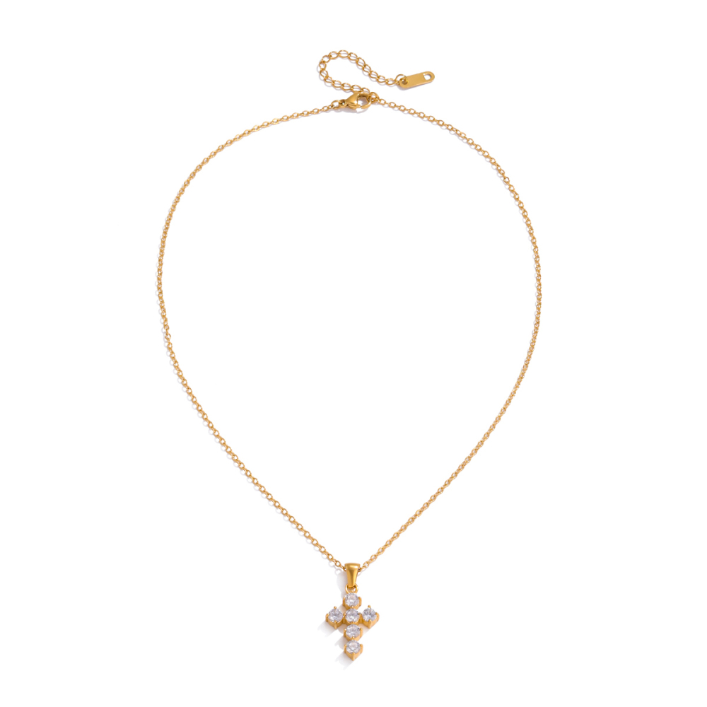 Ladies Classic Style 18K Gold Stainless Steel Zirconia Cross Pendant Necklace 40+5cm Round White Zirconia Clasps Chain Jewelry