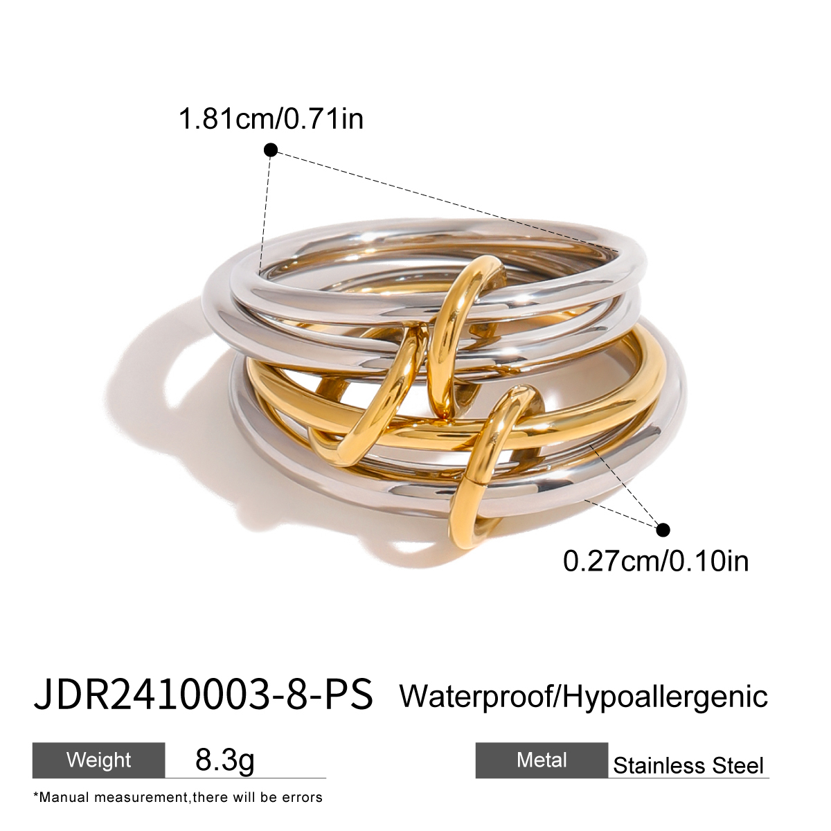 304 Stainless Steel Round PVD Coated 18K Real Gold Plated Classic Style Mixed Metal Rings