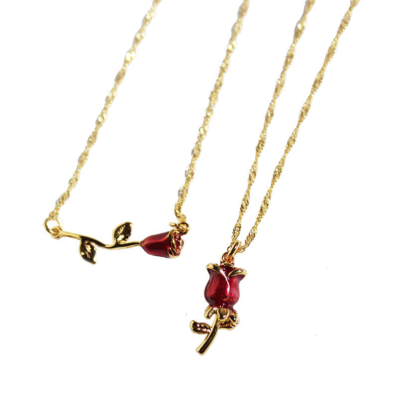 Wholesale Jewelry IG Style Romantic Sweet Rose Brass 24K Gold Plated Enamel Three-dimensional Necklace