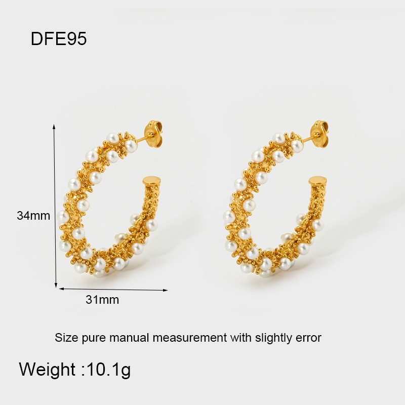Exaggerated C-Shape Earrings Ins Luxury Bead Embedded Gold Plated Stainless Steel Waterproof Women's Jewelry Fashion Accessories