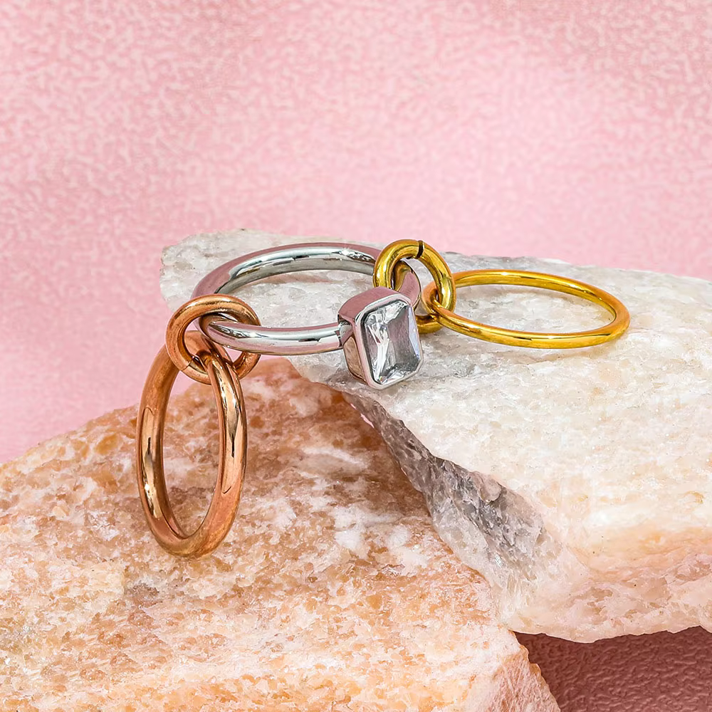 Fashionable Three-Color Three-Ring Zircon 304 Stainless Steel 18K Gold Plated Geometric Vacuum Electroplated Waterproof Non-Fading Ring