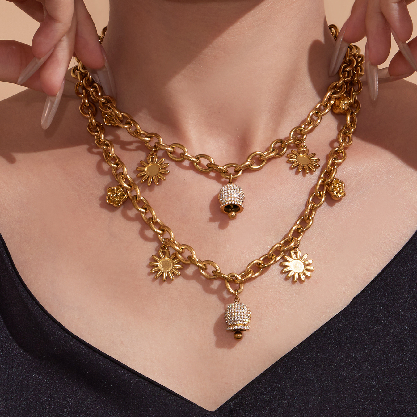 Stainless Steel DIY Multi-Parts Pendant Necklace Bracelet Bell Zircon Sunflower Rose Flower Jewelry Accessories Elegant Luxury Romantic