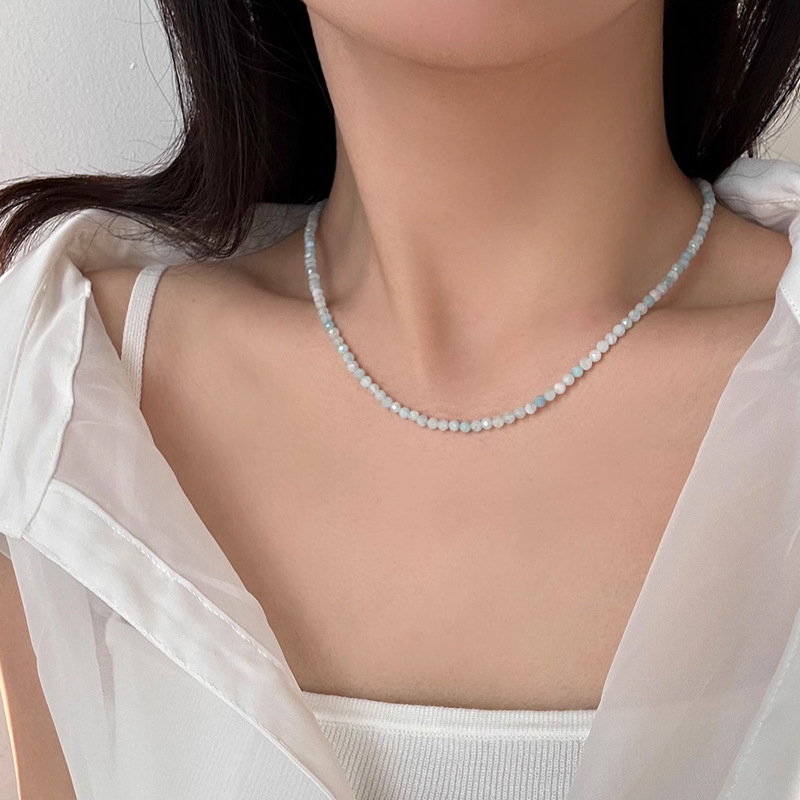 Natural Stone Sea Blue Beads Necklace Women's Summer Lockbone Chain Non-fading Luxury Unique Choker Jewelry Accessories