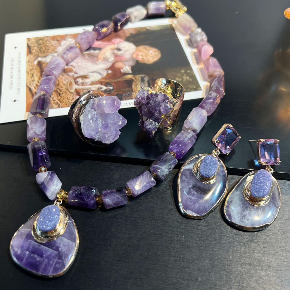 Natural Amethyst Raw Stone Necklace Earrings Set Vintage Fashion Teeth Ring Women Pearl Inlaid Jewelry Accessories