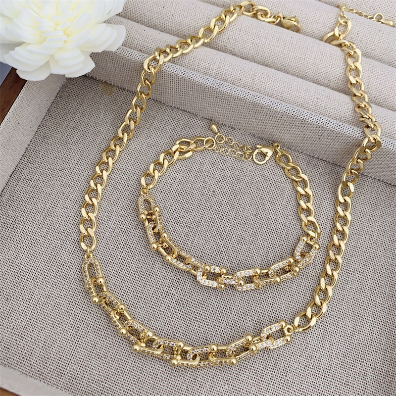 Classic Simple Copper Plated 18K Gold Zirconia Necklace Bracelet Set Adjustable Fashionable Unisex Daily Wear Gift Suitable