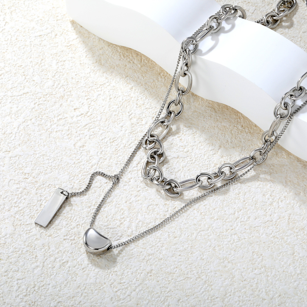Double Chain Necklace For Women Stainless Steel Bean Shape Versatile 18K Gold Plated Geometric Pattern Ins Style Jewelry Accessories