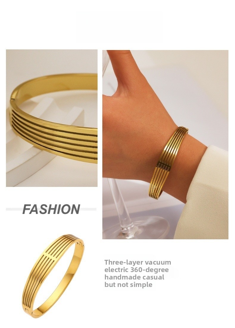 Gold Gold-plated Stainless Steel Titanium Alloy Hollow Geometric Multi-layer Laser Engraved Women's Bracelet Simple Design