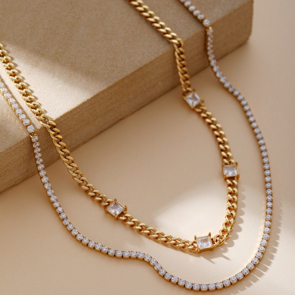 Double Layer Necklace Elegant Cuban Chain Zircon Necklace Versatile Fashionable Women's Party Commuting Accessories
