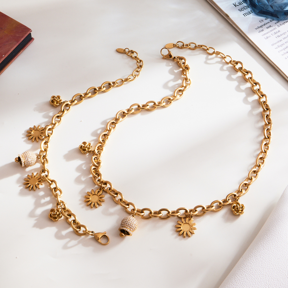 Stainless Steel DIY Multi-Parts Pendant Necklace Bracelet Bell Zircon Sunflower Rose Flower Jewelry Accessories Elegant Luxury Romantic