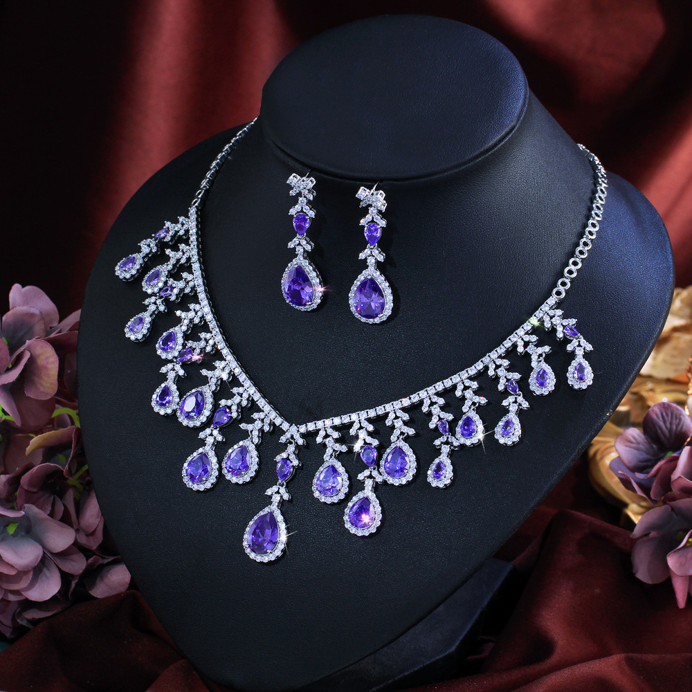 Luxurious Purple Zircon Copper Jewelry Set Necklace And Earrings Wedding Dress Accessories For Women Suitable For Weddings Or Banquets