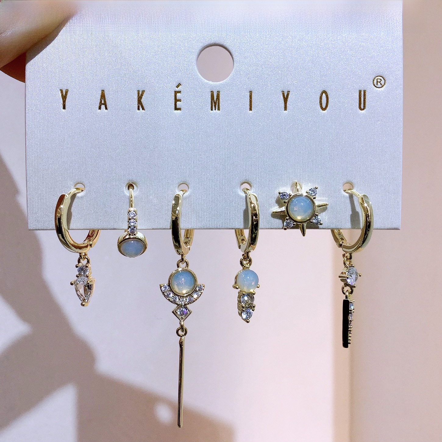 Moonstone Geometric Zircon Earrings Set Fashion 6-piece Set Ladies Copper Material Pendant Earrings Jewelry Accessories