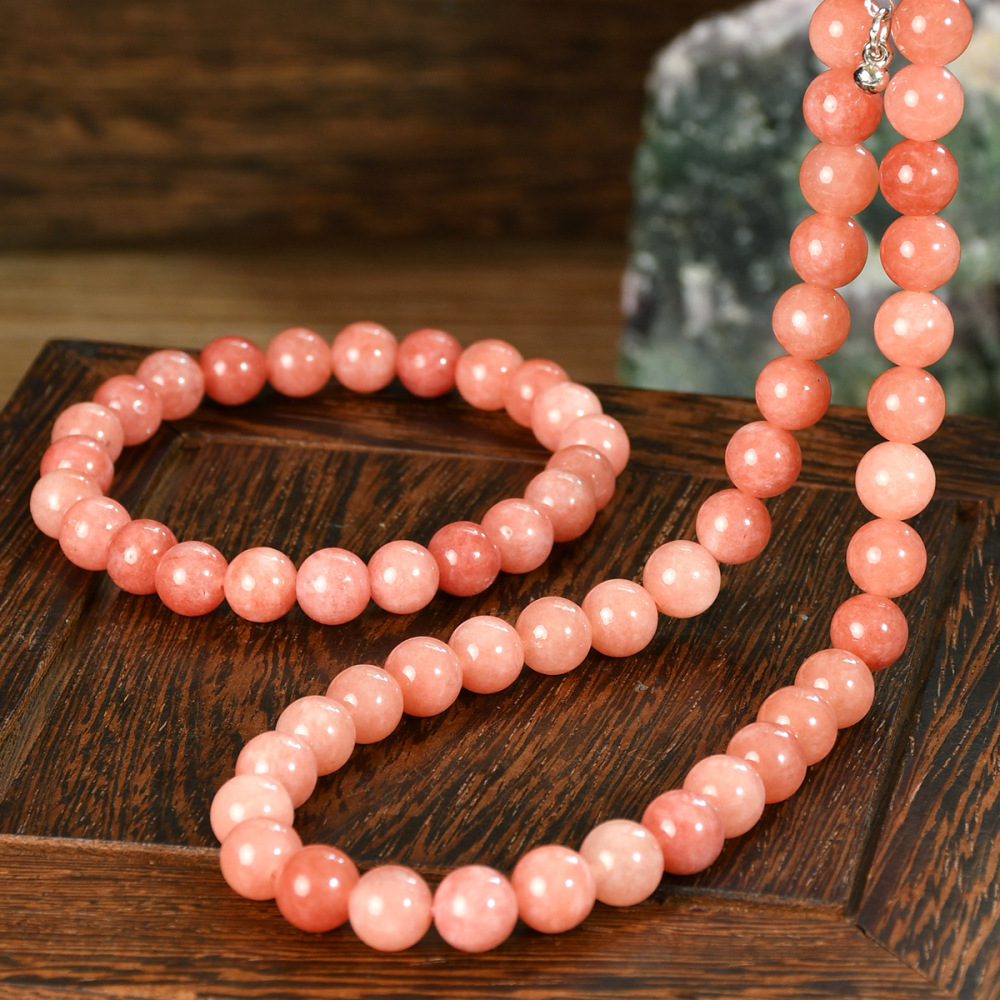 Elegant Vintage Pink Sunstone Bracelet Necklace Set For Women Natural Stone Jewelry Gift Accessories 8mm Round Design