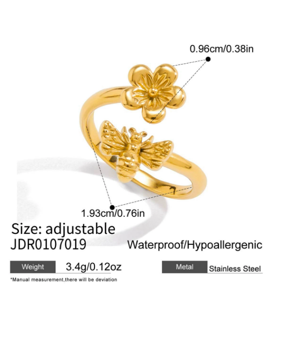 Elegant Gold Plated Butterfly Wing Ring Women's Fashion Jewelry Bug Design Stainless Steel Classic Style All Season Accessory
