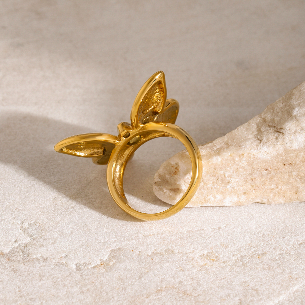 18K Gold Plated Stainless Steel Smooth Butterfly Ring Size 7 Vacuum Electroplating Butterfly Pattern Real Gold Coating