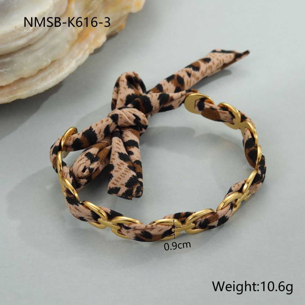 Fashion Wide Opening 304 Stainless Steel Bracelet Leopard Print Ribbon 18K Gold Plated Women's Vacuum Electroplated Accessories
