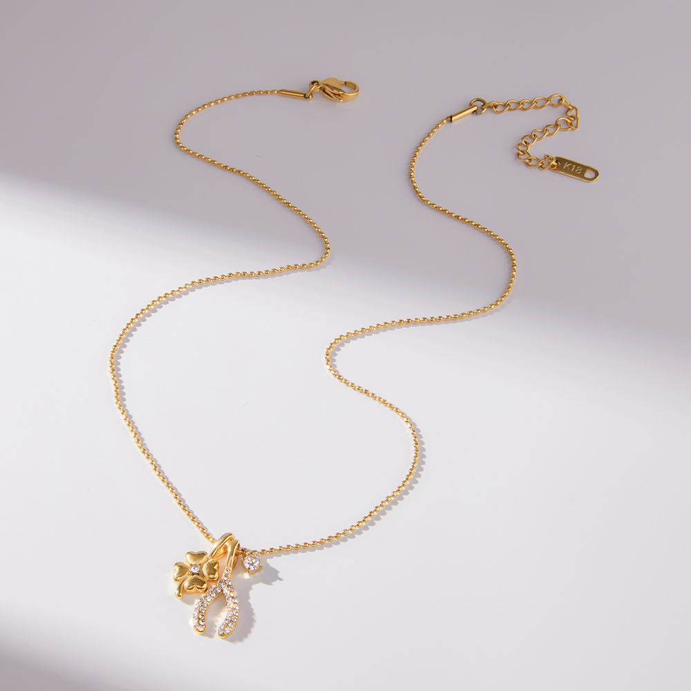 Women's Classic Style 18K Gold Stainless Steel + Zircon White Zircon Four-Leaf Clover + White Zircon Thanksgiving Lucky Wish Bone Y-shaped 3MM Round White Zircon Pendant Bead Chain Necklace 40+5