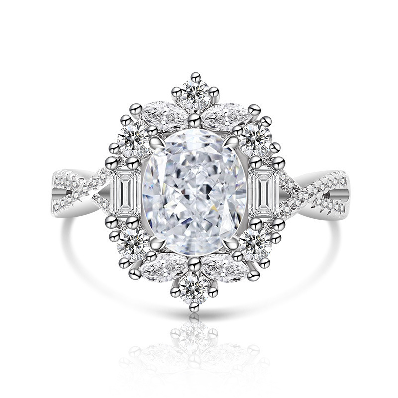 Luxurious High Carbon Diamond 7x9 Pigeon Egg Ice Flower Cut Plated Platinum Ring Fashion Geometric Pattern Live Direct Sale