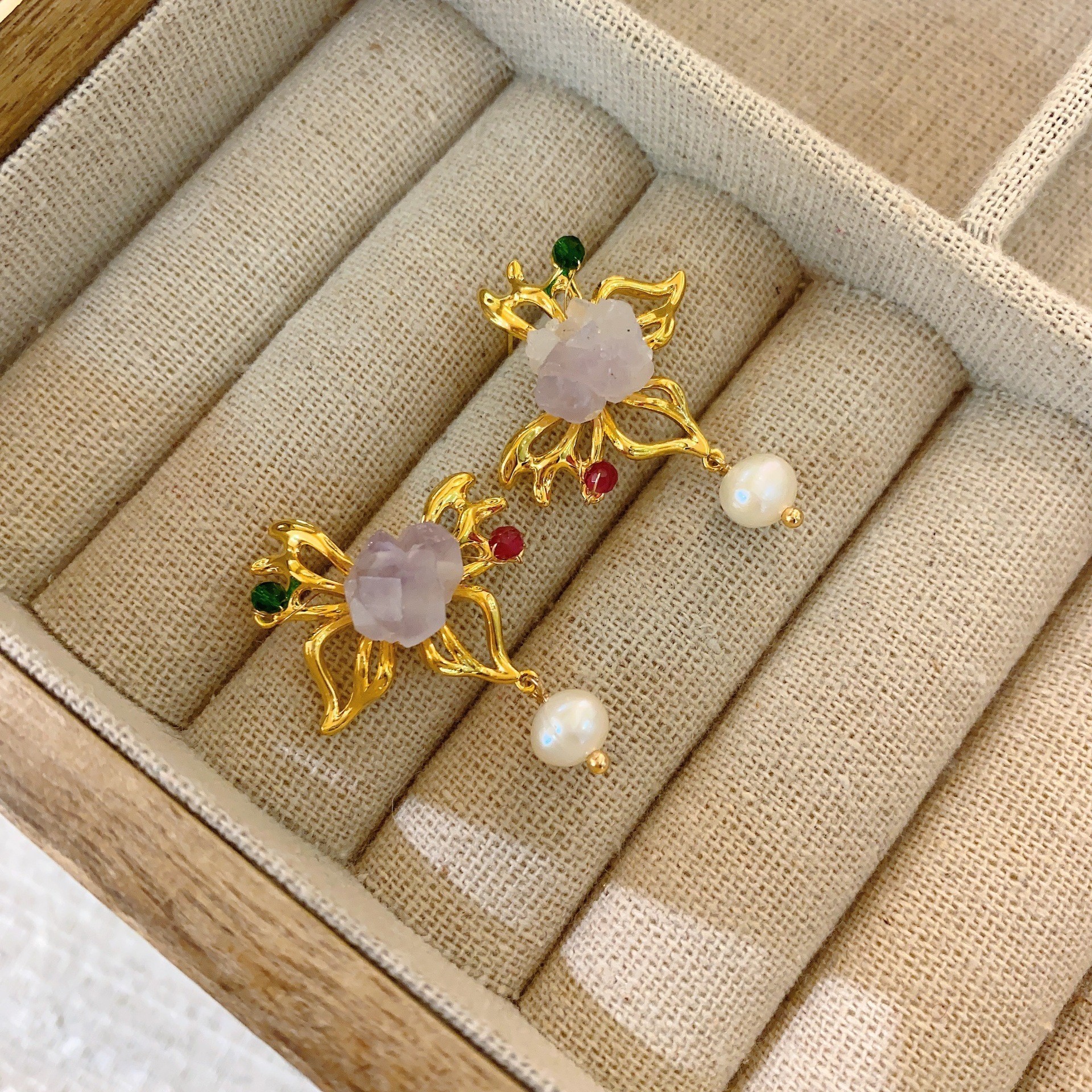 Retro Purple Crystal Stone Earrings Bohemian Style Floral Print Vintage Feelings Women's Jewelry Accessories Ear Cares
