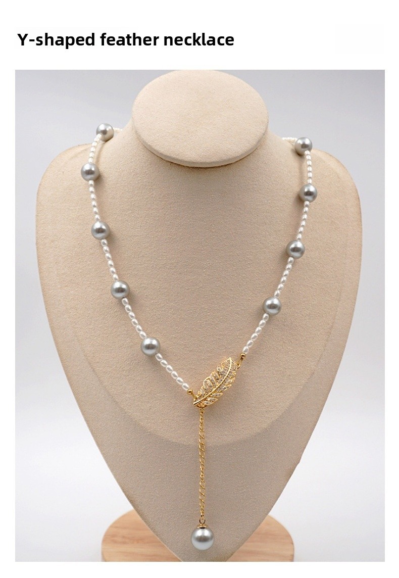Grey Pearl Feather Y-Shape Sweater Chain Asymmetrical Multi-Ways Long Necklace Women's Fashion Accessories Handmade Craft