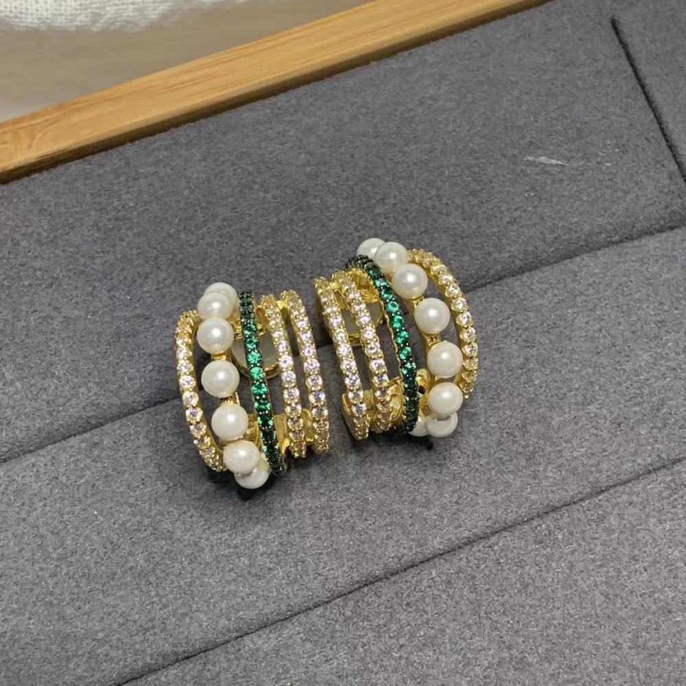 Elegant French Pearl Stud Earrings Women's Diamond Embedded Line Multi-circle Pearl Hoops Stylish Fashion Jewelry Accessories