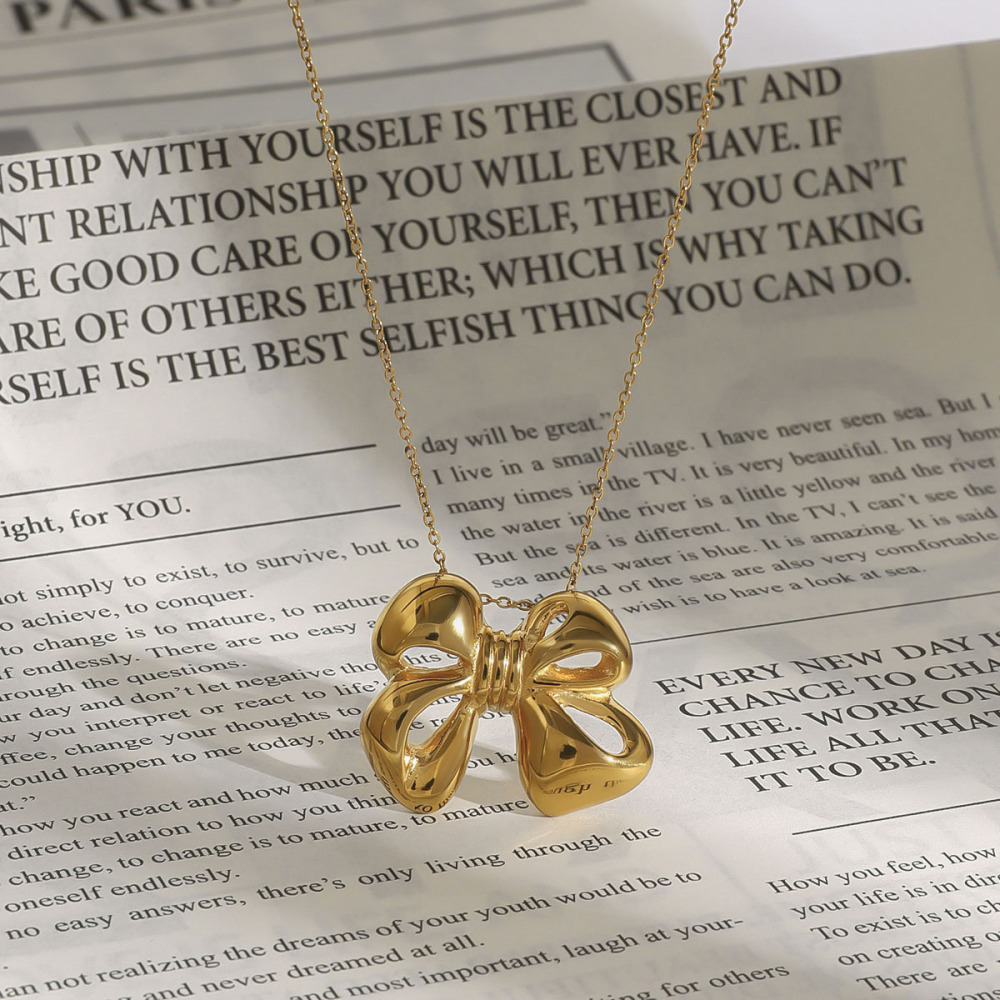 Real Gold Plated 316 Stainless Steel  PVD Coated Bow Knot Waterproof Non Tarnish Elegant Romantic O-ring Chain Small Stud Earrings Rings Necklace For Women's
