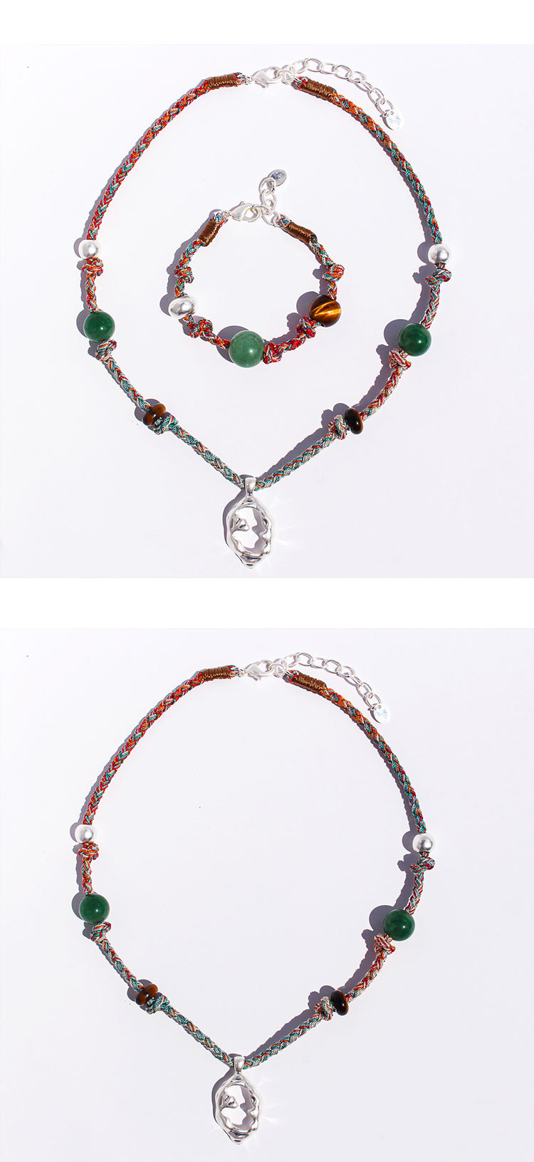 Handmade Colorful Beaded Natural Stone Necklace Liquid Silver Pendant Tiger Eye Stone Bracelet For Ladies Beach Vacation Style Accessories