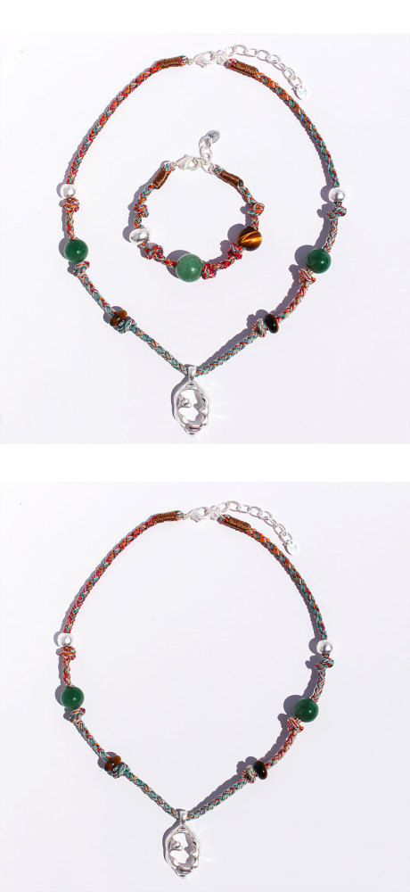 Handmade Colorful Beaded Natural Stone Necklace Liquid Silver Pendant Tiger Eye Stone Bracelet For Ladies Beach Vacation Style Accessories