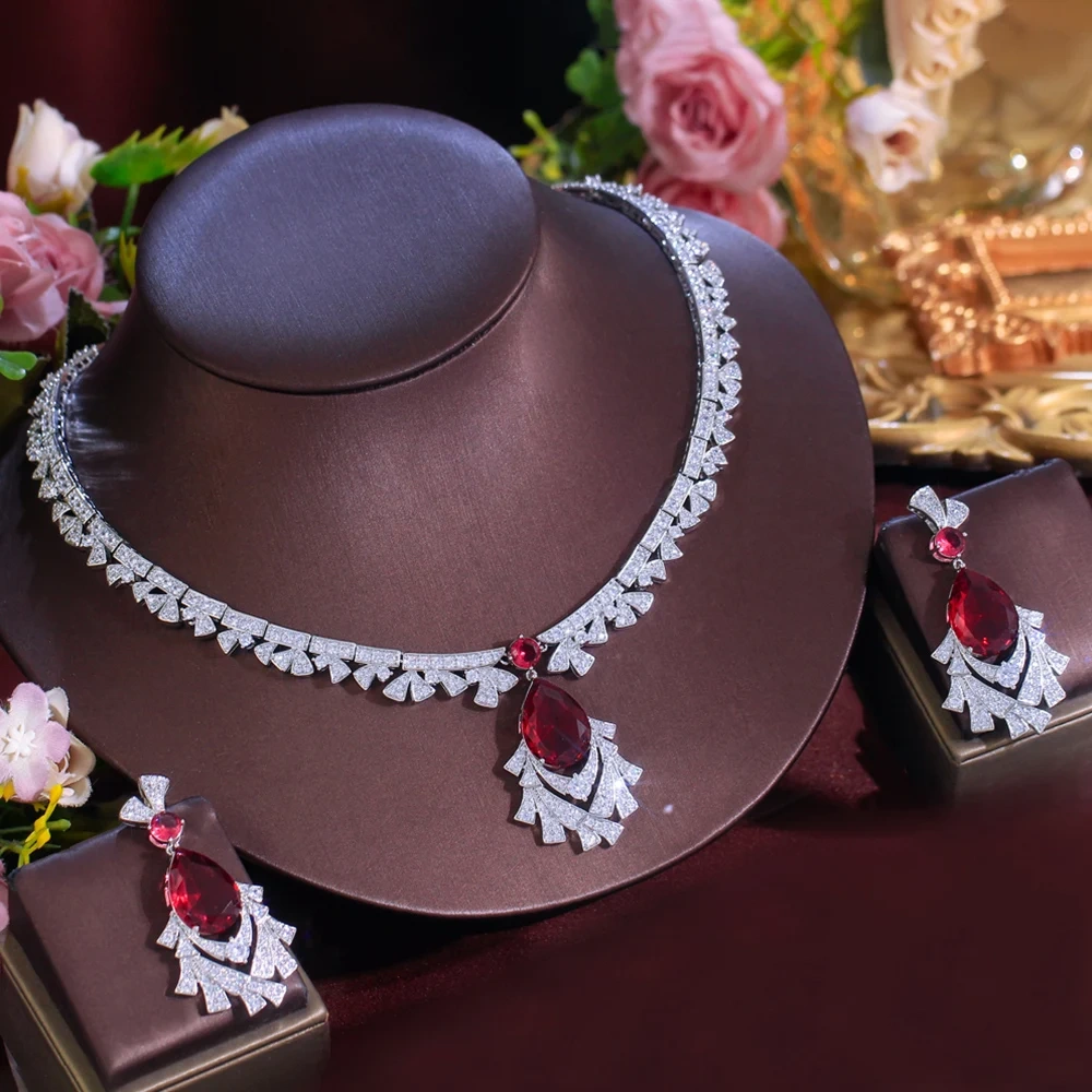 2-Piece Copper Jewelry Set Luxurious Red And White Cubic Zirconia Necklace And Earrings Set For Women Bride Elegant Wedding Banquet Jewelry Set