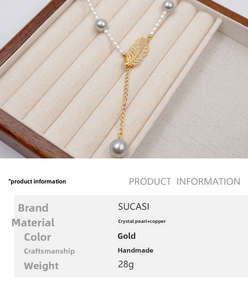 Grey Pearl Feather Y-Shape Sweater Chain Asymmetrical Multi-Ways Long Necklace Women's Fashion Accessories Handmade Craft