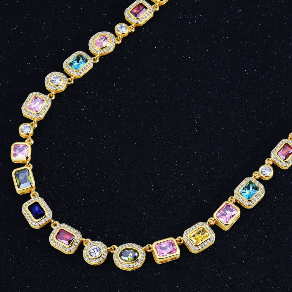 Colorful Gemstone Jewelry Set For Men And Women Hip Hop Style Zircon Necklace And Bracelet Popular Trendy Jewelry Accessories