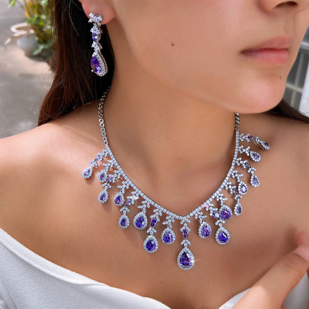 Luxurious Purple Zircon Copper Jewelry Set Necklace And Earrings Wedding Dress Accessories For Women Suitable For Weddings Or Banquets