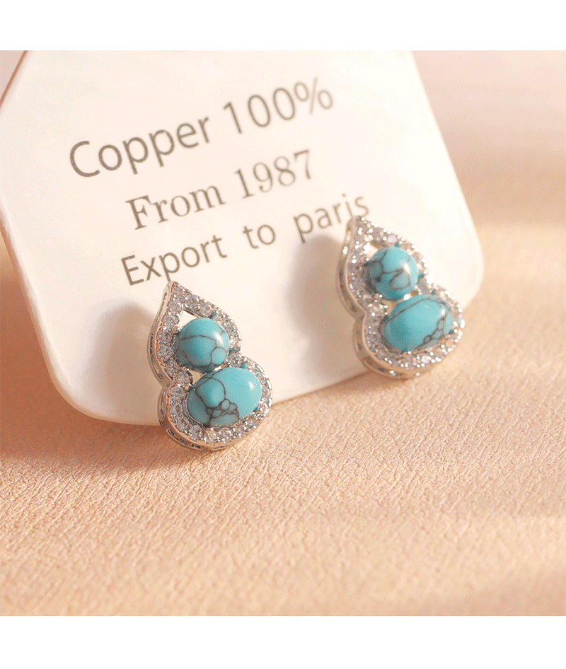 New Chinese Style Green Turquoise Gourd Earrings Bohemian Print Copper Jewelry 925 Silver Post Unique Design Women's Fashion