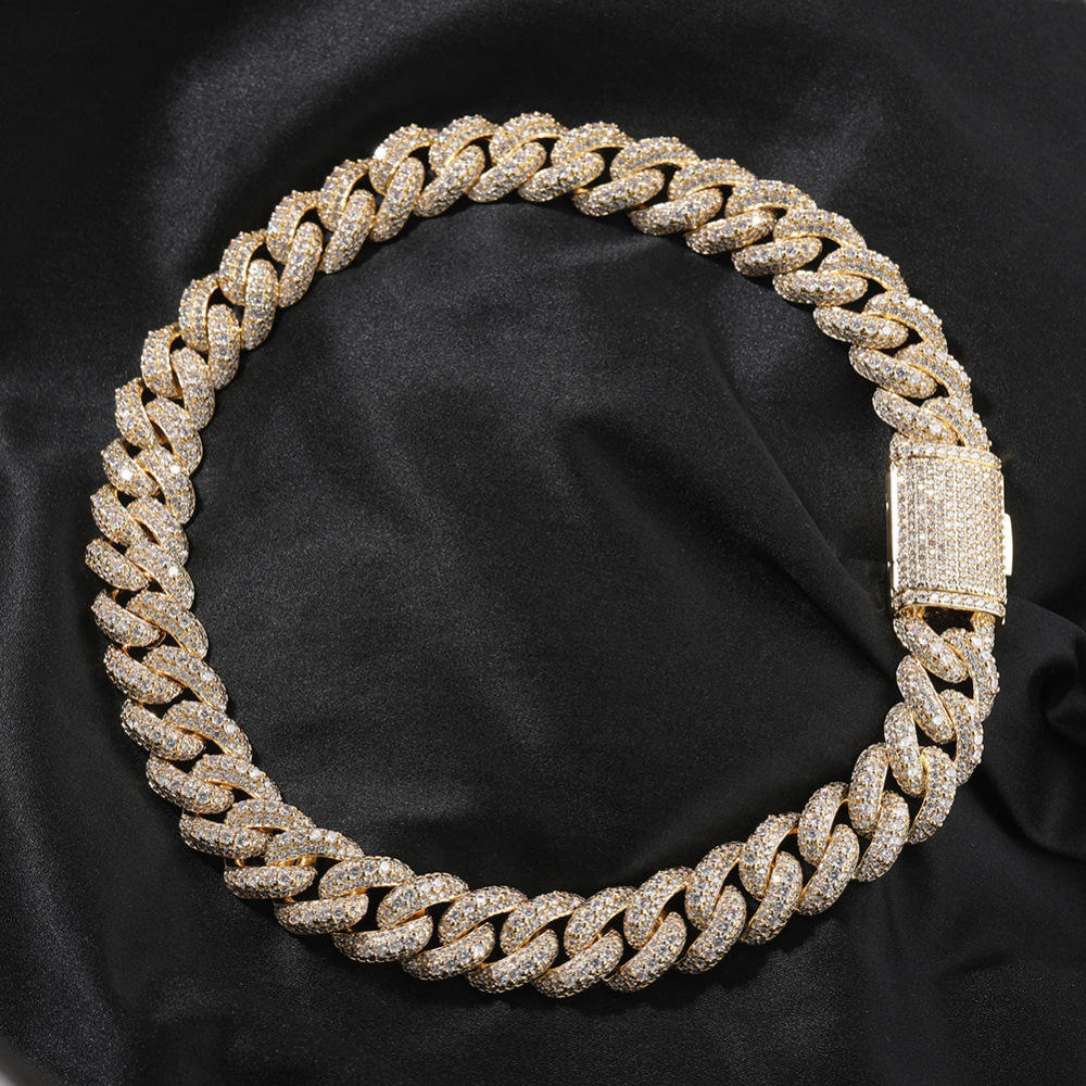 Men's Hip-Hop Bracelet High-End Texture Copper Inlaid Zirconia Gold-Plated Geometric Pattern Silver 18mm Cuban Chain Jewelry Box Clasp Personality