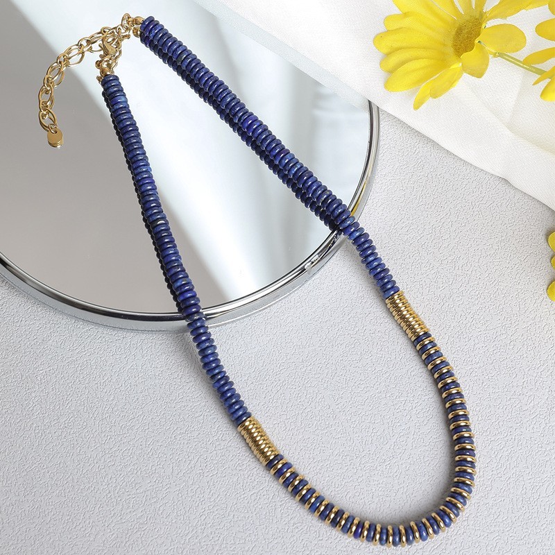 Chinoiserie Vintage Style Classic Style Round 18K Gold Plated Natural Stone Titanium Steel Wholesale Necklace