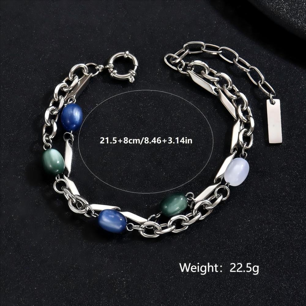 1 Piece 201 Stainless Steel Multicolor Stone Splicing Metal Chain Unisex Couple Bracelet Suitable For Couples, Best Friends, Parties, Gatherings, Vacations Jewelry Accessories