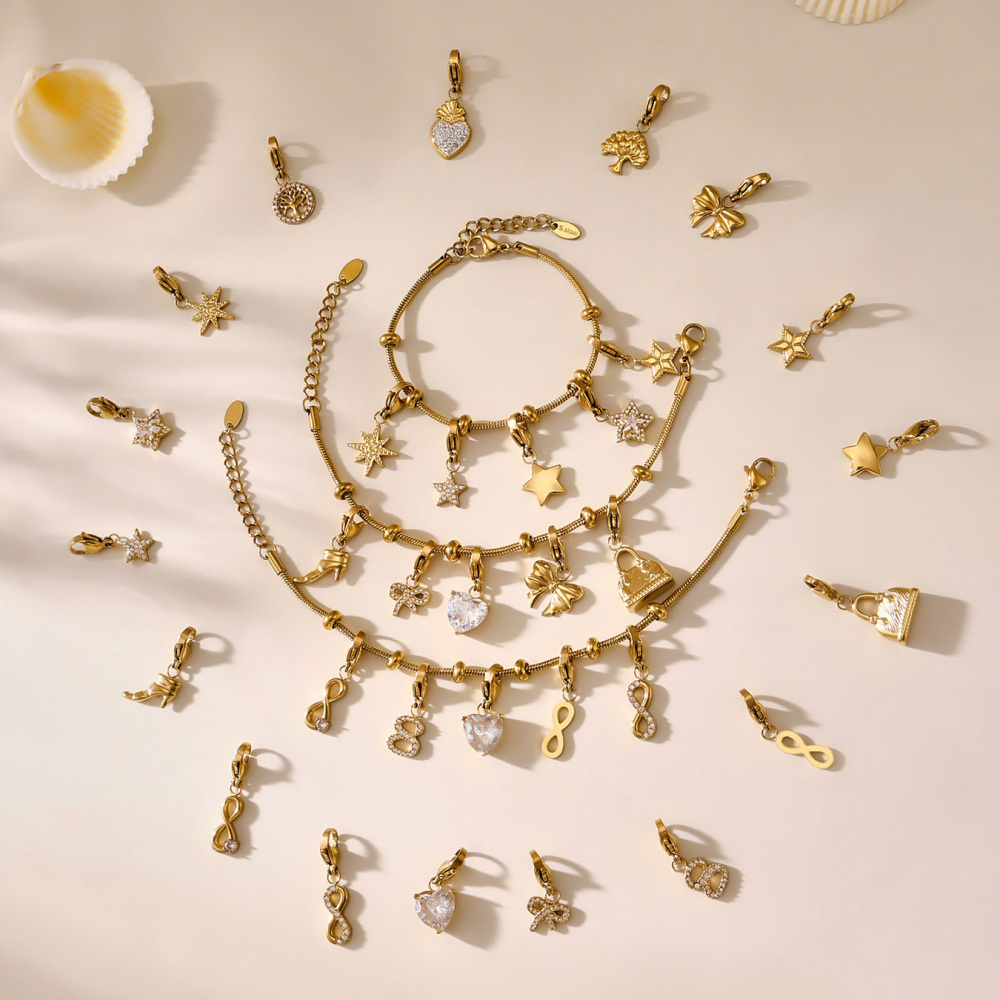 Full Drill 5A Zircon Heart Shaped Butterfly Knot High Heel Shoe Charms Stainless Steel 18K Gold Plated DIY Bracelet Accessories