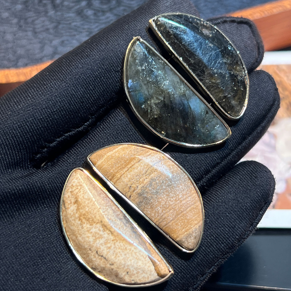 Natural Stone Hair Flashing Semi-Circular Cut Fashionable S925 Silver Earrings Vintage Craftsmanship Women's Jewelry Accessories