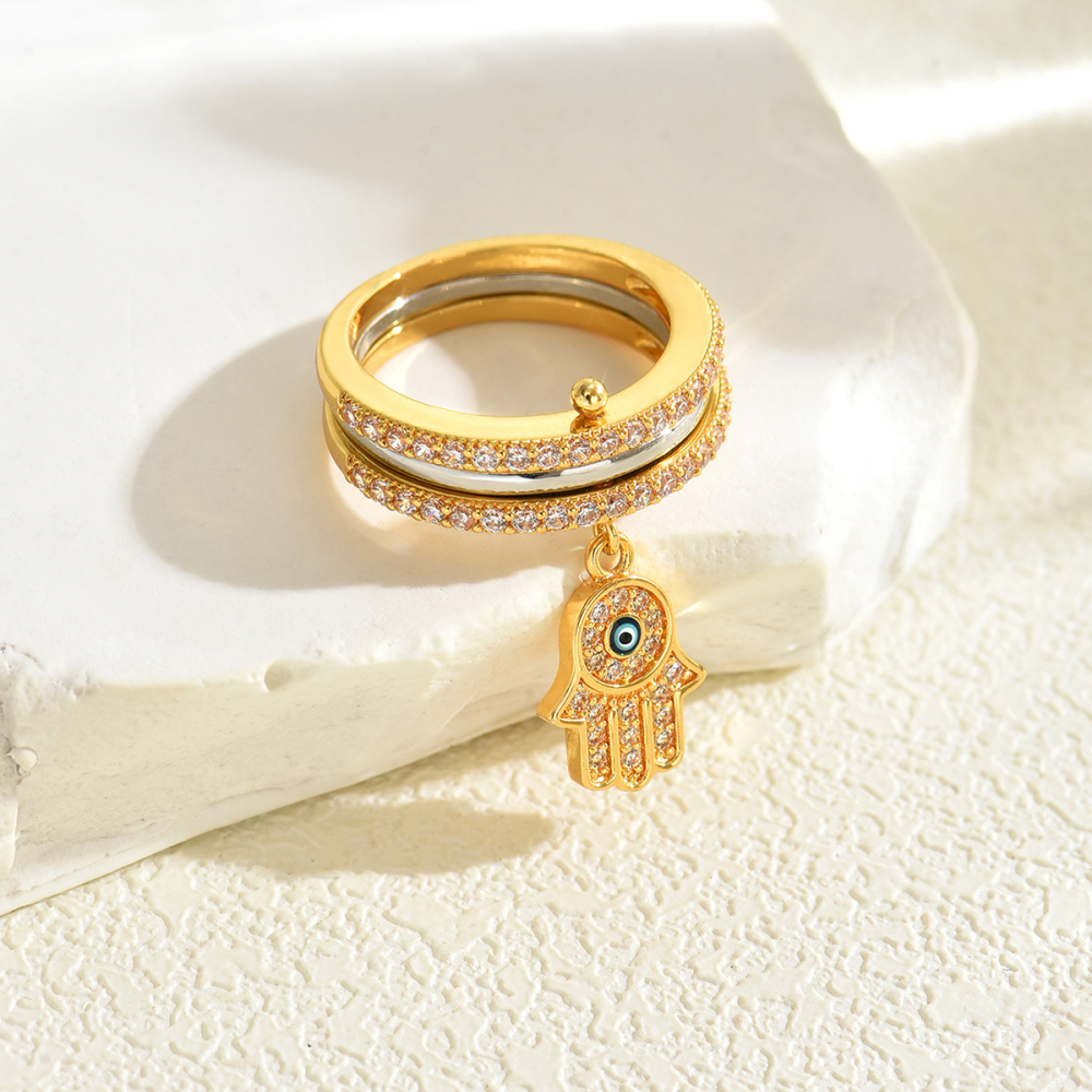 11 Pieces Copper Inlaid Zircon  Style Exquisite Fashion Daily Casual Multi-layer Ring Stacking Fatima's Hand Pendant Men Women Ring Party Holiday Banquet Jewelry Accessories