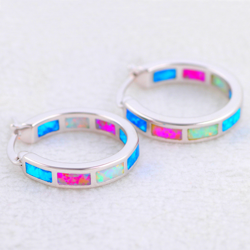 Blue Opal Stud Earrings Coated In White Gold Geometric Pattern Round Gemstone Jewelry Accessories For Women Tiktok Ins Style
