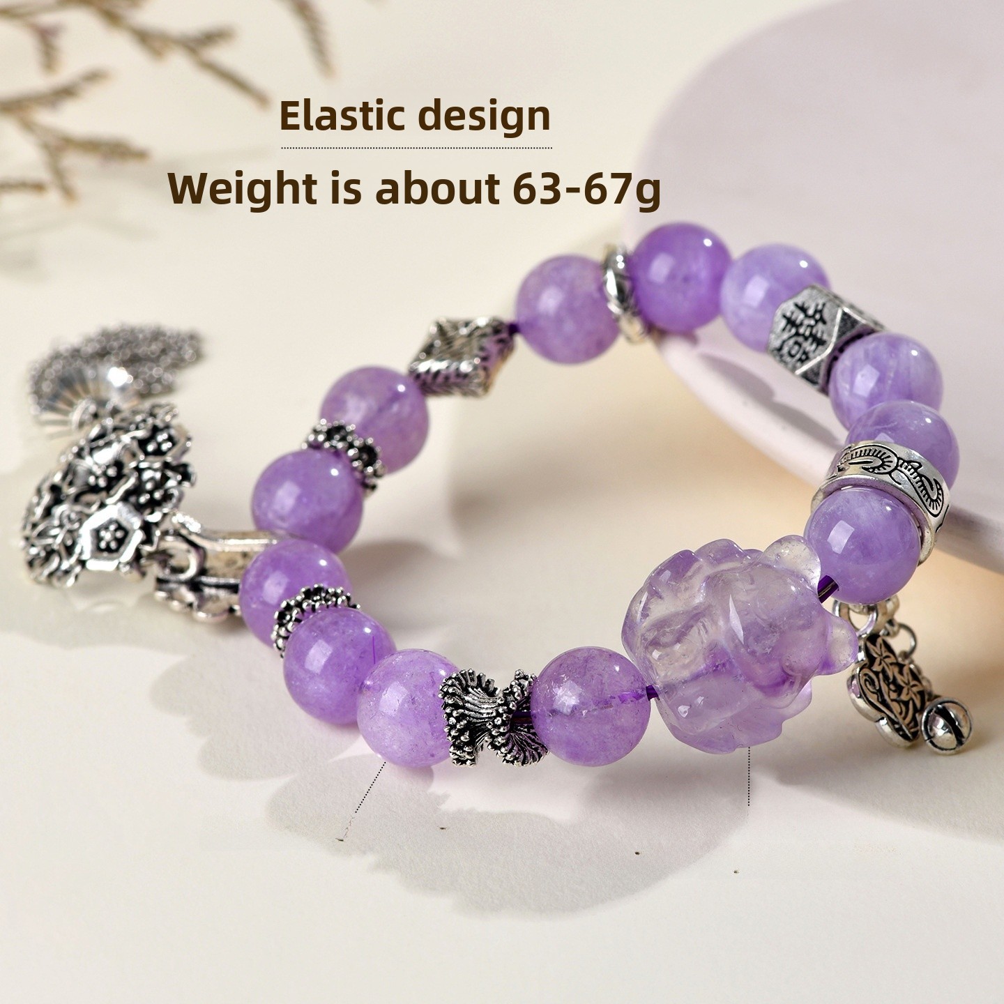 Natural Lavender Quartz Nine-Tailed Fox Bracelet Ladies Style Tassel Artistic Retro Romantic Hand Chain Crystal Fashion