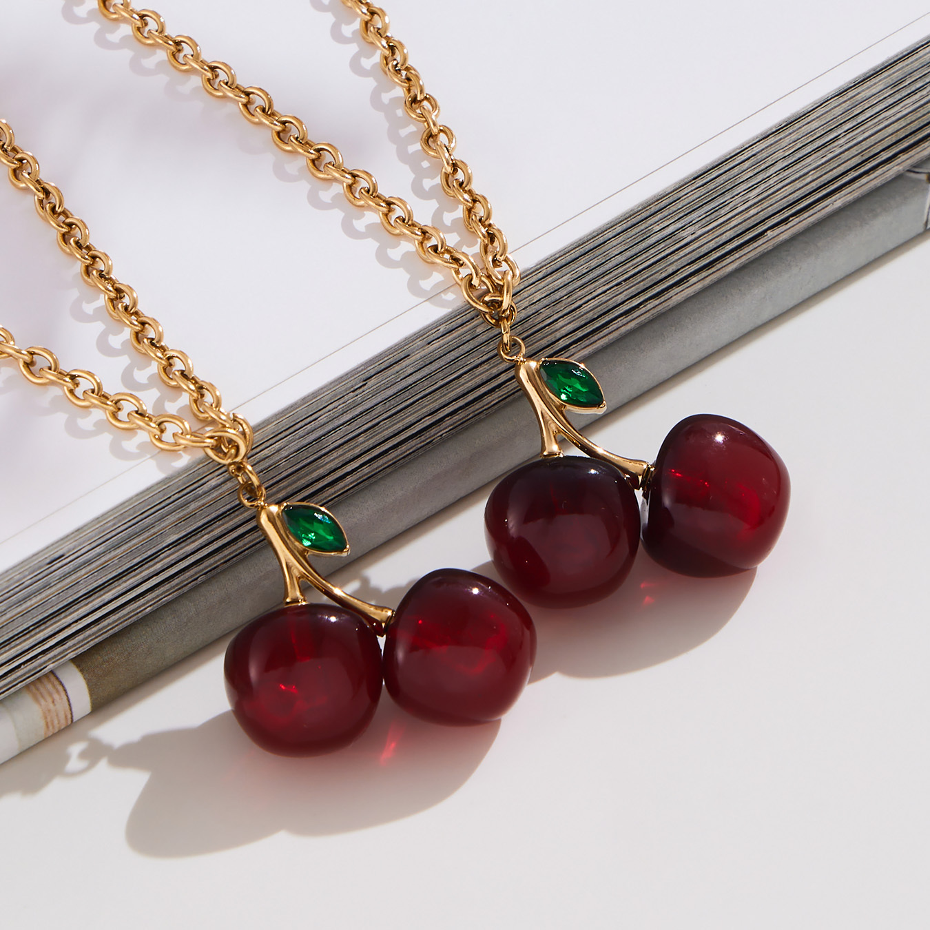 Stainless Steel Resin Cherry Pendant Necklace Earrings 18K Gold Plated European And American Fashion Versatile Fruit Jewelry Set
